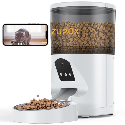 Automatic Cat Feeder with Camera, Automatic Cat Food Dispenser, 2.4G Wifi 1080P Timed Cat Feeder with APP Control for Remote Feeding, 6L Automatic Feeder for Cats Dogs Other Pet